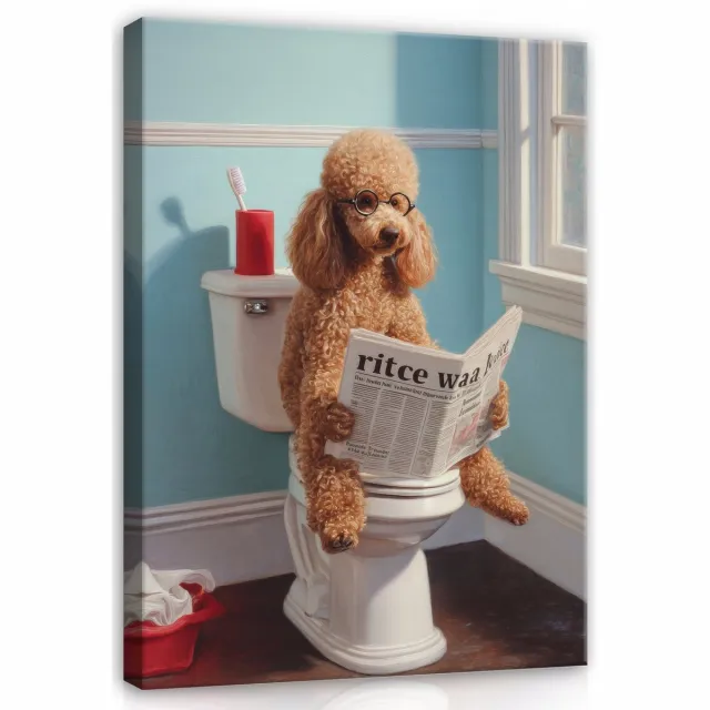 WALLARENA Schilderij op canvas - 100x70 cm - grappige poedel op toilet met krant - badkamer en toilet decoratie Veelkleurig