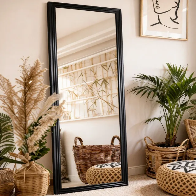 STILVORA Staande Spiegel Met Zwarte Houten Lijst 160 X 50 Cm Met Verstelbare Metalen Voet Rechthoekig Voor Woonkamer Salon En Fitnessruimtes