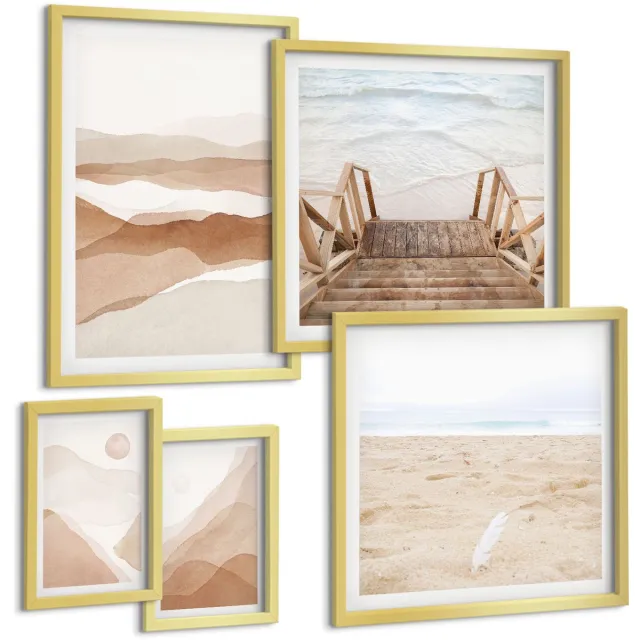 Coloray 5-Delige Schilderij Set - Minimalistische Strand- En Berglandschappen In Natuurlijke Tinten. - 50 x 50 cm, 20 x 30 cm En 40 x 60 cm - Muurdecoratie - Wanddecoratie - Slaapkamer - Moderne Wanddecoratie Gouden lijst
