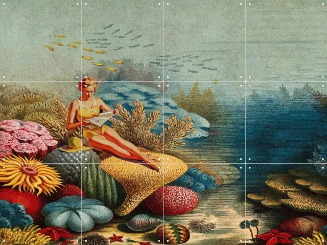 IXXI Beach Day, Extrovisions - 80 x 60 cm - Grote wanddecoratie en posters - Kleurrijk, Illustraties, Vintage, Speels, Surrealisme, Digitale Kunst Roze / Blauw / Groen