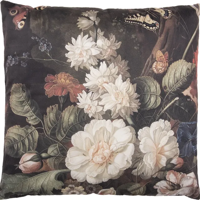 Clayre & Eef Sierkussen 45x45 cm Zwart Wit Synthetisch Bloemen