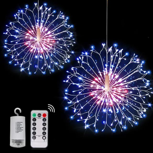 Rosnek 198 LEDs Hangende Vuurwerk Koperdraad Lichtsnoer Multicolor - Kerstverlichting met Afstandsbediening - 8 Modus & Timer - Op Batterijen - Sfeerverlichting voor Binnen & Buiten
