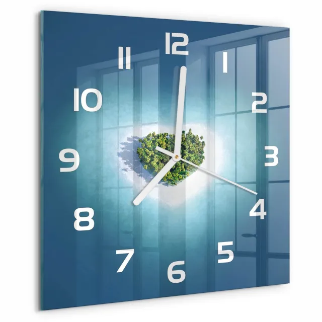 TULUP Wandklok - Hartvormig eiland Decoratieve Glazen Klok - 30x30 cm - Blauw Glazen Wandklok Design - Witte handen - Vierkante Klok - Glazen Klok Met Print - Wandklok Glas Met Motief