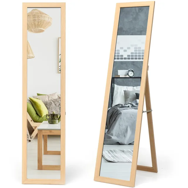 Costway Staande spiegel, 155 x 37 cm grote spiegel met houten frame, houten spiegel vrijstaand, moderne wandgemonteerde vloerspiegel voor slaapkamer, woonkamer en ingang houtkleur