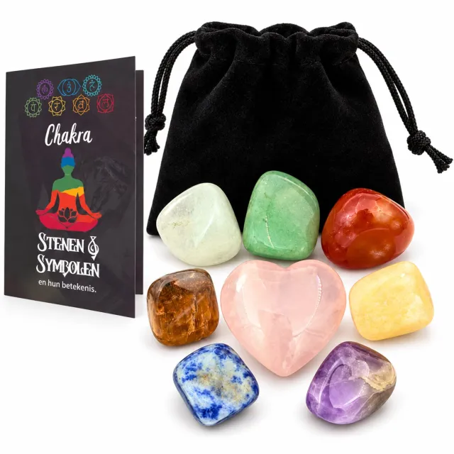 Winkrs Edelstenen met Kristallen Hart in fluwelen Zakje - Inclusief uitleg van stenen - Gepolijste Chakra Stenen/Mineralen 7 Stenen + hart