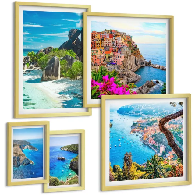 TULUP 5-Delige Schilderij Set - Kustlandschappen met pittoreske uitzichten op de zee - 50 x 50 cm, 20 x 30 cm en 40 x 60 cm - Muurdecoratie - Wanddecoratie - Hal - Decoratieve Schilderijen Gouden lijst