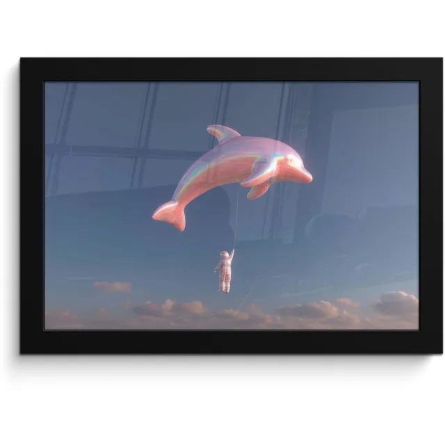 FrameYourWall Poster in lijst - Fotolijst 30x20 cm - Posters - Dolfijn - Roze - Astronaut - Posterlijst zwart - Decoratie - Wanddecoratie woonkamer - Muurdecoratie slaapkamer