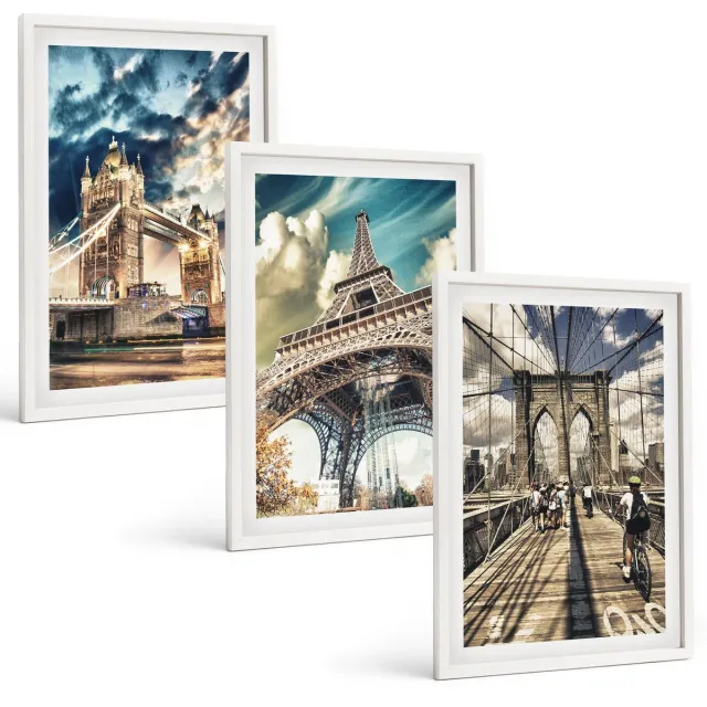 TULUP 3-Delige Schilderij Set - Bruggen en torens in Europese steden - 40x60 - Wanddecoratie - Schilderijen Set - Kantoor - Interieur Decoratie Witte lijst
