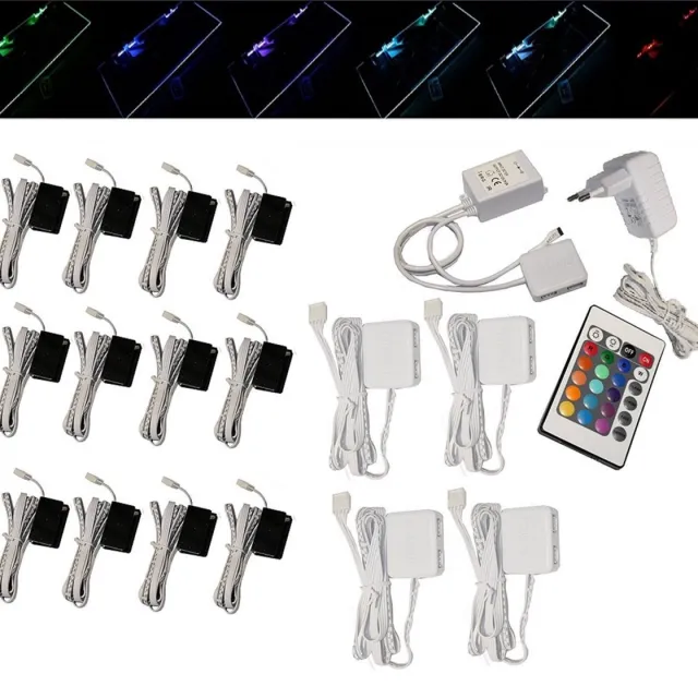 Trango Set van 12 RGB Kleur Veranderende LED Glazen Randverlichting 5022-12 incl. Afstandsbediening Kastverlichting I Glazen Vloerverlichting I Vitrine Verlichting I LED Clips I Meubelverlichting Set van 2
