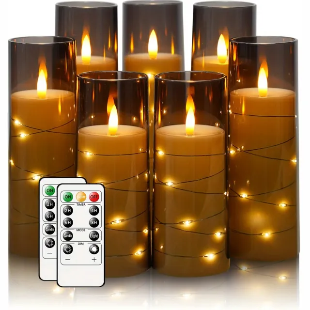 J.T.R Led kaarsen-Ledkaarsen met afstandsbediening-7 delige LED Vlamloze Kaarsen Sterrenslinger met Timer-Acryl LED Pilaarkaarsen met Flikkerend Effect-(Grijs).
