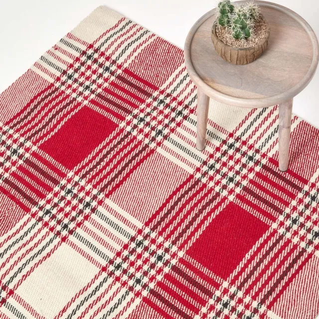 Homescapes Walker geruit antislipkleed van 100% wol, rood, 70 x 120 cm Rood, Wit, Zwart