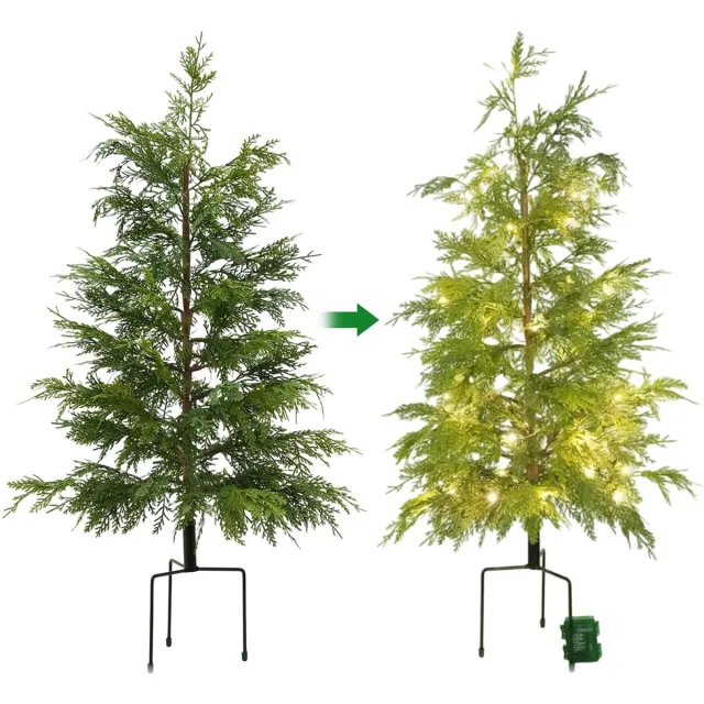 Triumpunpre Set van 2 Kunstmatige Cipresbomen met Grondpen en LED-verlichting – Kunstboom met Warmwitte Lichtjes – 91 cm – PE – voor Buiten, Tuin & Kerstdecoratie 3ft