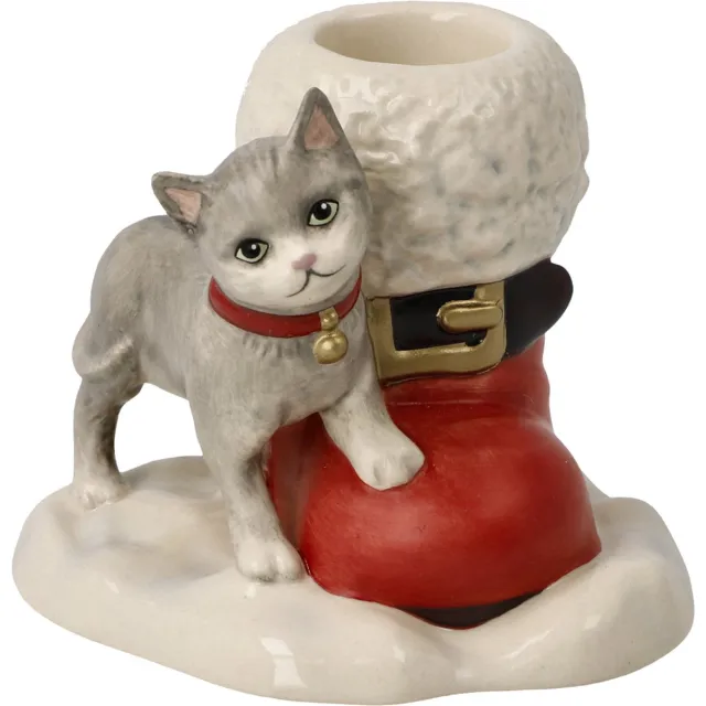 Goebel: Kerst Goebel - Kerst | Kandelaar Kat met schoen | Aardewerk - 8cm - 1 kaars Divers