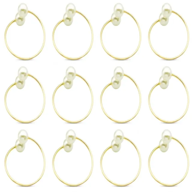 NUVEX Goudkleurige servetringen set van 12 stuks – ronde servet ringen met twee witte parels – decoratieve servethouders voor eettafel bruiloft diner feest banket en tafeldecoratie