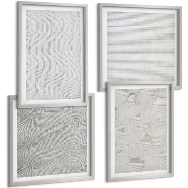 TULUP 4-Delige Schilderij Set - Patronen in het zand: lineaire geometrische structuren - 40 x 40 cm en 40 x 60 cm - Stijlvolle Muurdecoratie - Kantoor Zilveren lijst