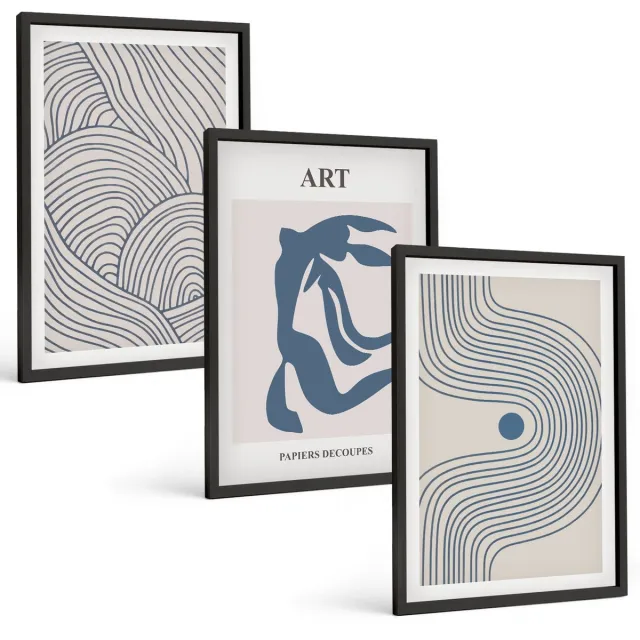 Coloray 3-Delige Schilderij Set - Abstracte Patronen Van Lijnen En Vormen In Blauwe Tinten - 40 x 60 cm - Wanddecoratie - Muurdecoratie - Moderne Interieurdecoratie Zwarte lijst