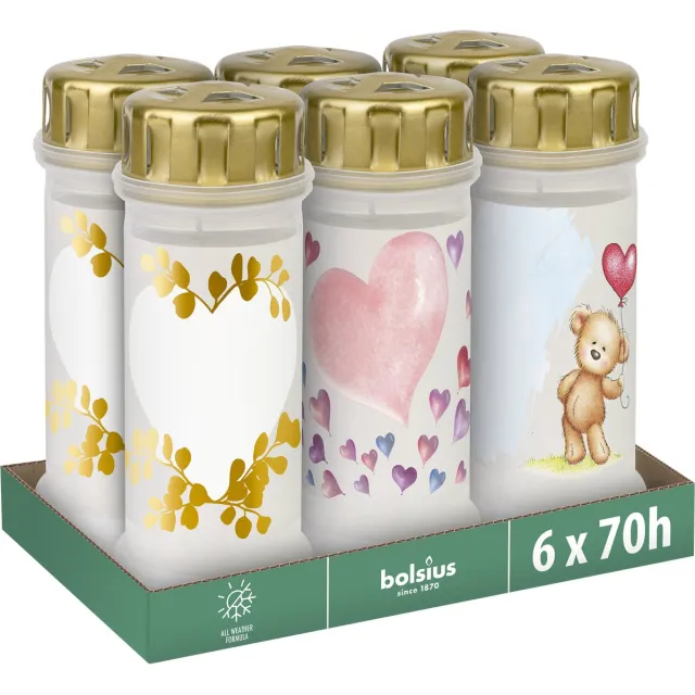 Bolsius Herdenkingslicht - Wit met Teddybeer & Hartjes & Ballonnen - 6 stuks Wit met Teddybeer Hartjes Ballonnen