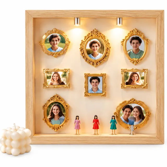SWGOTA Vierkante MDF-displaylijst in naturelkleur, binnenmaat 22,8 × 22,8 × 3 cm, met 8 minilijstjes en 8 willekeurige figuurtjes, tafelmodel