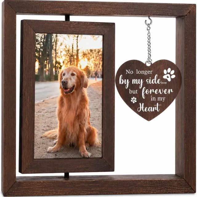 SWGOTA Massief houten fotolijst ter herinnering aan een huisdier - dubbelzijdig draaibaar, met hangend hart, 21,5 x 20,4 cm - zonder foto Walnootkleur