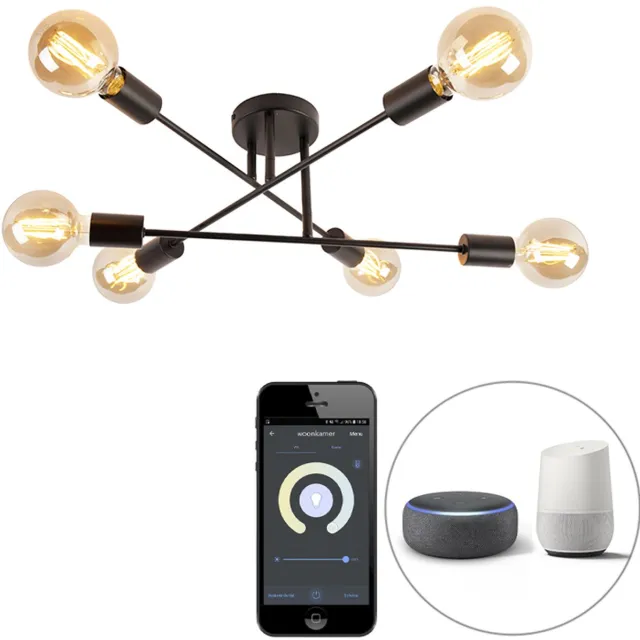 QAZQA sydney - Industriele Dimbare LED Smart Plafondlamp incl. wifi met Dimmer - 6 lichts - Ø 55 cm - Zwart - Industrieel - Woonkamer | Slaapkamer | Keuken Zwart Smart LED