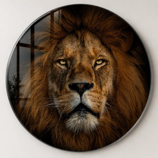 Mydesignglas Glazen Schilderij – Majestueuze Leeuw op Glas – Wanddecoratie op Gehard Glas – ø100cm Zwart, Bruin