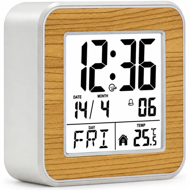 SWGOTA wekker met LCD-scherm en witte achtergrondverlichting - temperatuur, datum en weekdag - op batterijen, met bamboehoutmotief Beige