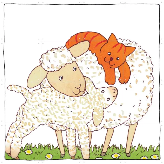 IXXI Dikkie Dik tussen de Schapen, Dikkie Dik - 80 x 80 cm - Grote wanddecoratie en posters - Illustraties, Speels, Cartoonesk, Fantasierijk Wit