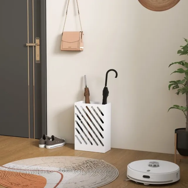 REDOM Paraplubak - Met 4 afneembare haken - Met wateropvangschaal - Open uitsnede voor ventilatie - Hal - Staal - Wit - 28 x 14 x 41 cm