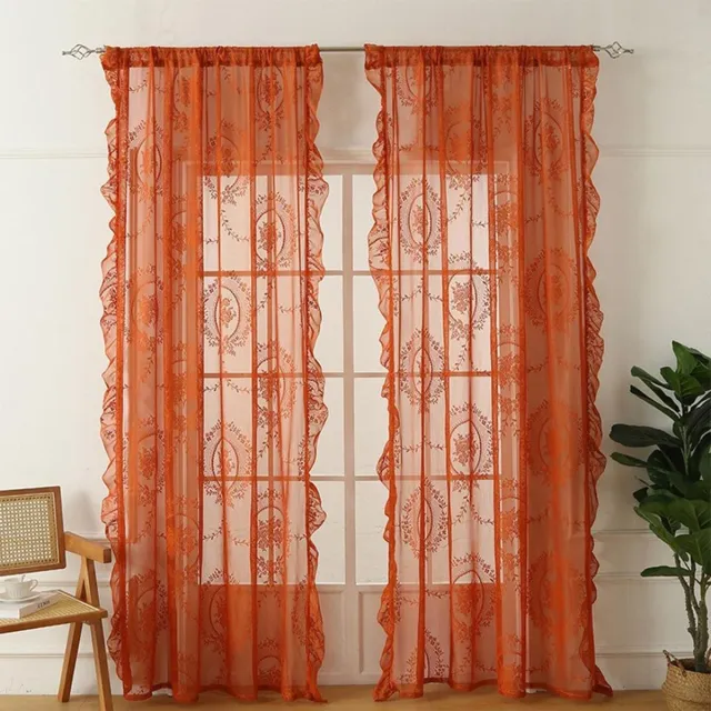 Vintage Twee vintage kanten gordijnen met bloemenpatroon en ruches, oranje, 140x100 cm Oranje kleur