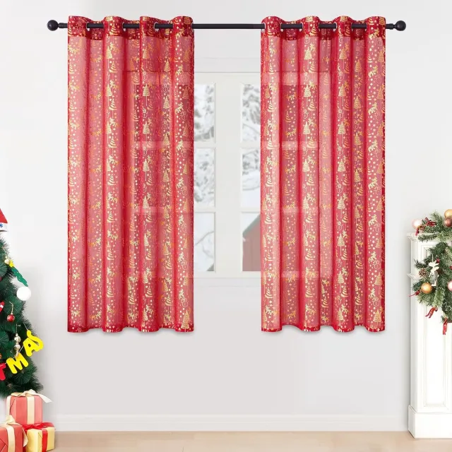 PolkaHome Gordijnen kort, raamgordijn, kerstchaten, rode gordijnen voor woonkamer, stores, gordijnen met inslagringen, transparant met gouden patroon, 137 x 140 cm (h x b), 2-delige set Kerstrood