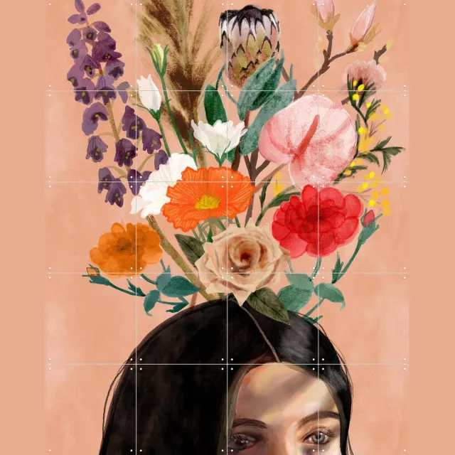 IXXI Flowery Thoughts, Esther Sepers - 80 x 100 cm - Grote wanddecoratie en posters - Aquarel, Kleurrijk, Illustraties, Woonkamer, Slaapkamer Roze