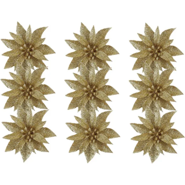 House of Seasons Kerstboom bloemen op clip - 12x stuks - goud - kunststof - kerstornamenten Goudkleurig