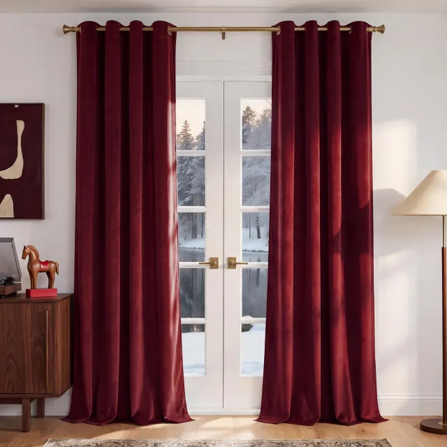 Famanu Semi-verduisterende gordijnen van fluweel set van 2 stuks 132 cm breed voor woonkamer en slaapkamer, creëert een luxe uitstraling en biedt privacy en lichtregulatie Bordeauxrood