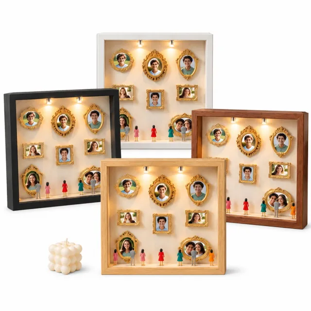 SWGOTA Zwarte MDF-displaylijst met binnenmaat 15 x 20 cm, tafelmodel met 8 minifotolijstjes, 8 willekeurige figuurtjes en 2 lampjes