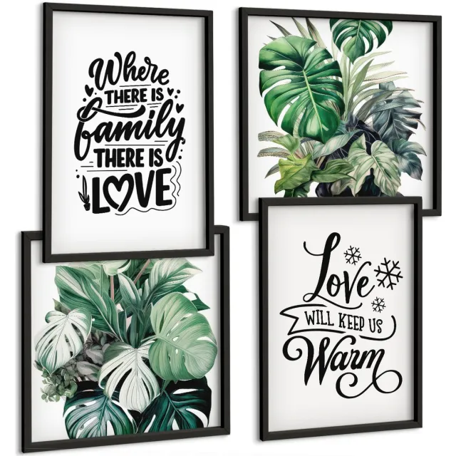 Coloray 4-Delige Schilderij Set - Familieliefde, Warmte Thuis, Bladeren, Planten, Aquarel - 40 x 40 cm En 40 x 60 cm - Wanddecoratie - Muurdecoratie - Woonkamer - Stijlvolle Muurdecoratie Zwarte lijst