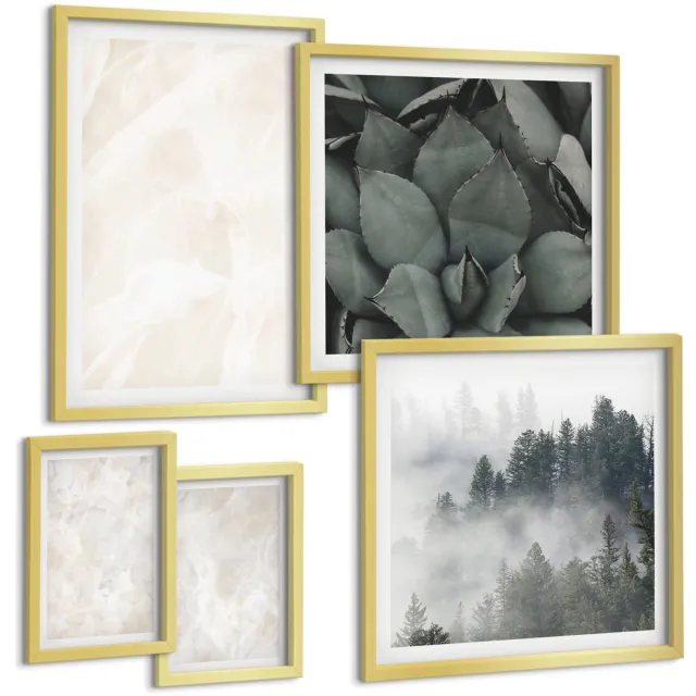 Coloray 5-Delige Schilderij Set - Pastelkleurige Stenen Structuren Van Wit Marmer - 50 x 50 cm, 20 x 30 cm En 40 x 60 cm - Wanddecoratie - Woonkamer Decoratie Gouden lijst