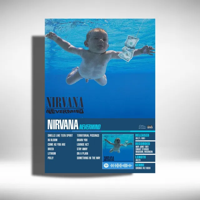 Luxe poster Nirvana - Nevermind - album cover - metalen poster - 30x40cm Zwart