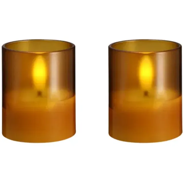 Moods & More Hurricane LED Glaskaarsen Honey Mustard – 2 stuks – Ø 4,7 × 5,7 cm