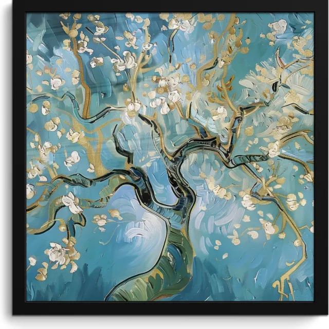 FrameYourWall Poster in lijst - Fotolijst 40x40 cm - Posters - Amandelbloesem boom - Blauw - Abstract - Posterlijst zwart - Decoratie - Wanddecoratie woonkamer - Muurdecoratie slaapkamer Blauw - Goud