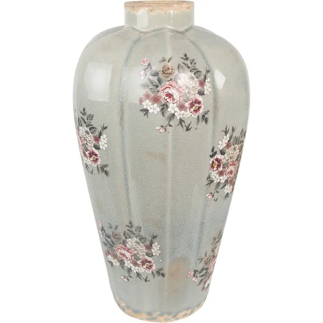 Clayre & Eef Vaas Ø 17x28 cm Grijs Keramiek Bloemen