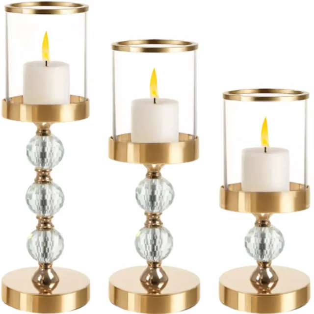 Ruhhy kandelaars set van 3 stuks – gouden glazen lantaarns met spiegelend effect en kristalaccenten