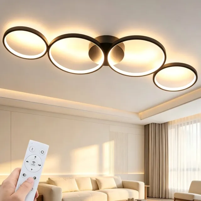 NETTLIFE Plafondlamp LED - 100cm - zwart - 3000-6000K Dimbaar - 56W Plafondverlichting - modern - Ring Design - 4-Lichts - met Afstandsbediening - voor Slaapkamer | Woonkamer | Kantoor | Keuken