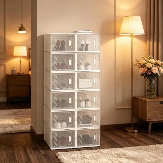 MODFU Schoenopbergbox - Stapelbaar - Transparant En Wit - Kunststof - 12-Delige Set