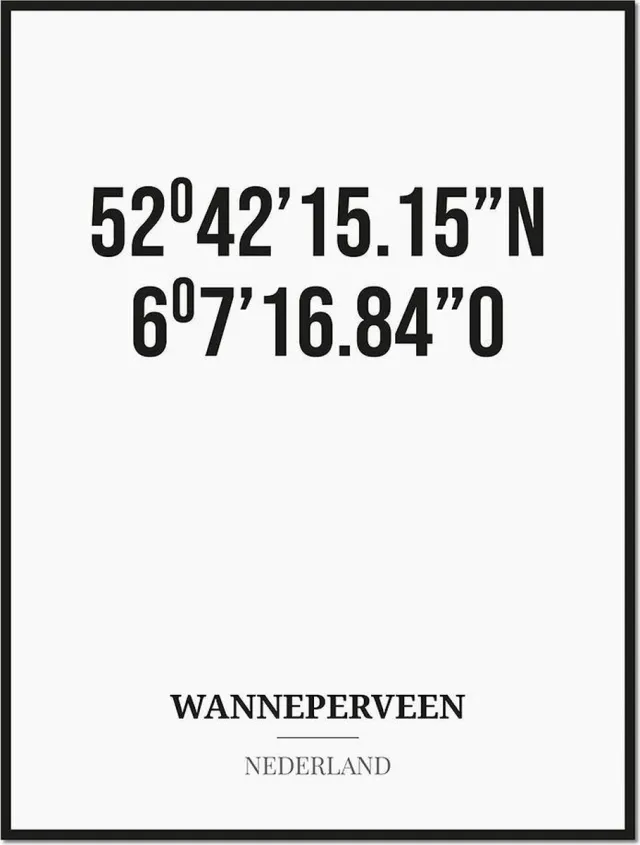 Studio216 Poster/kaart WANNEPERVEEN met coördinaten zwart, wit