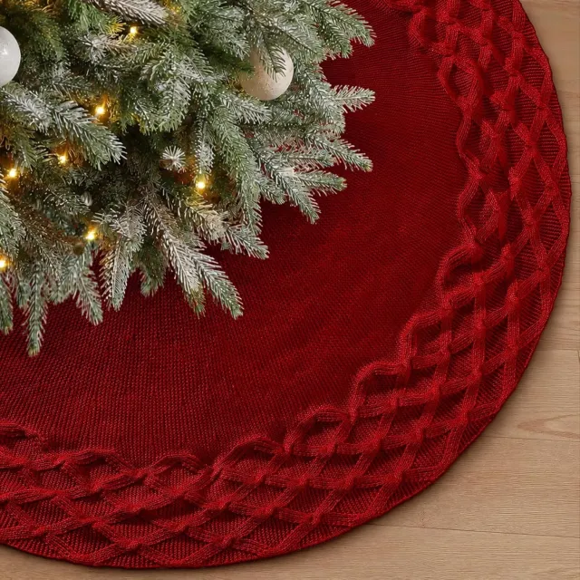 KZQ Kerstboomkleed & Kerstboomrok - Gebreid met Kabelpatroon - 122 cm - Kerstkleed, Kerstboomdeken & Kerstboommat - Kerstversiering & Kerstdecoratie - Rood Rood-3