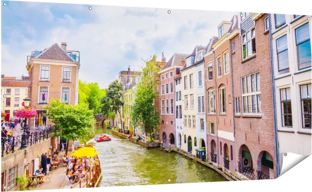 Gards Tuinposter Huizen aan de Oudegracht in Utrecht - 200x100 cm - Tuindoek - Tuindecoratie - Wanddecoratie buiten - Tuinschilderij Multikleur