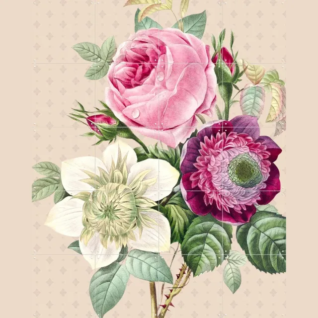 IXXI Vintage Redoute Peonies and Roses II, Bloomery Decor - 80 x 100 cm - Grote wanddecoratie en posters - Naturalisme, Vintage, Eetkamer, Slaapkamer Roze