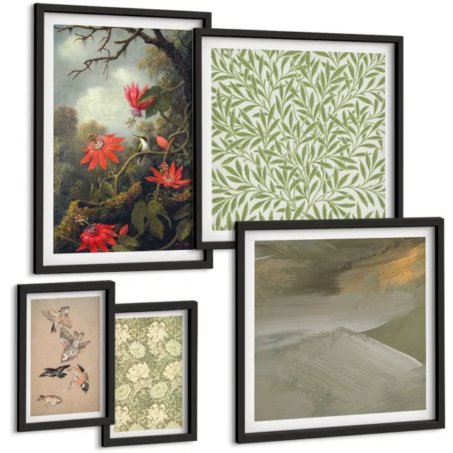 Coloray 5-Delige Schilderij Set - Bloemen En Vogels In Natuurlijke Decoratieve Motieven - 50 x 50 cm, 20 x 30 cm En 40 x 60 cm - Wanddecoratie - Muurdecoratie - Moderne Interieurdecoratie - Moderne Wanddecoratie Zwarte lijst