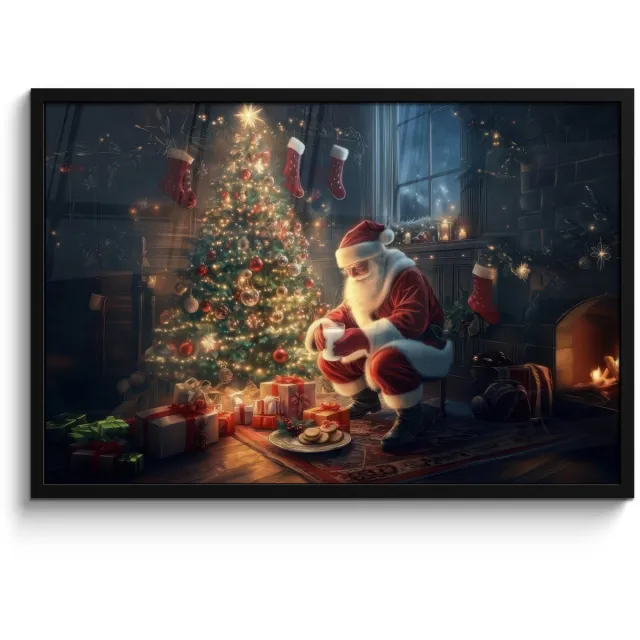 FrameYourWall Poster in lijst - Fotolijst 90x60 cm - Posters - Kerstman - Haard - Donker - Posterlijst zwart - Decoratie - Wanddecoratie woonkamer - Muurdecoratie slaapkamer - Kerstversiering - Kerstdecoratie voor binnen - Kerstmis