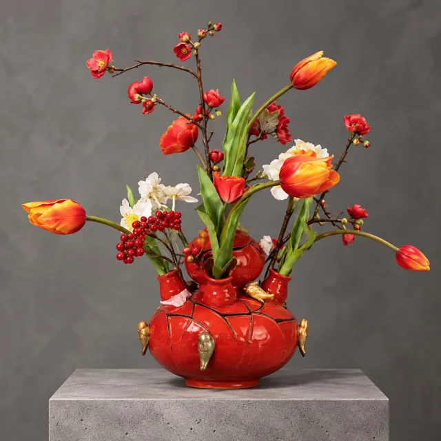 Seta Fiori Birdvase Tulpenvaas met Kunstbloemen – Rood/Oranje – Keramiek – 45 cm – Met Vogeltjes Decor Rood, oranje Zacht geel en -groen